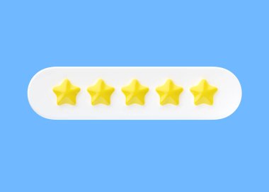 3D render simgesini incele - beş altın yıldızlı müşteri en iyi kalite değerlendirmesi, oran deneyimi çizgi film illüstrasyonu. 5 pozitif geri bildirim, iyi şöhret oyları sarı işaret mavi arka planda izole edildi