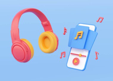 Telefon ve müzik uygulamalı kulaklıklar 3D render illüstrasyon - kablosuz kulaklık, akıllı telefon ve çalma listesi. Hipster ses uygulamasının notlarıyla DJ için mavi arkaplanda uçan kulaklık