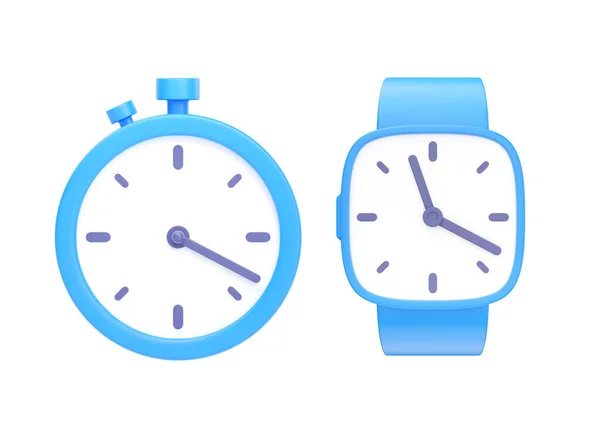 时钟3D渲染图标集 简单的报警定时器概念 红色复古式闹钟和早晨觉醒插图 带拨号盘的圆形手表 白色背景的最后期限提醒 — 图库照片
