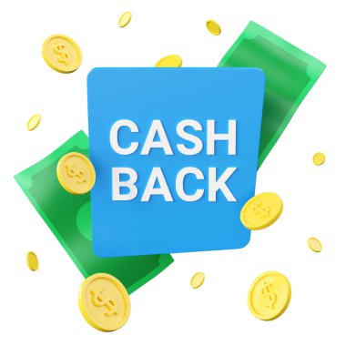 Cashback 3D resim ve para iade ikonu sunar. İndirimli kart illüstrasyonu. İade pankartı, iade rozeti tasarımı. Dolar paralarını ve banknotları mavi arkaplanda izole et