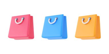 Kağıt torba 3d render illüstrasyon - mevcut indirimli ürün, alışveriş merkezi elemanı ve karikatür dükkanı paketi. Moda ikonu tasarımı konsepti, beyaz arka planda izole edilmiş reklam afişi için satış kesesi