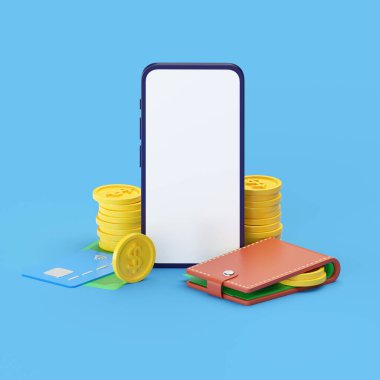 Nakit 3D resim ve para ödülü karikatür çizimi. Ödeme ve çevrimiçi iş teklifini geri çekme, nakit promosyon transferi. Cüzdan, üzerinde akıllı telefon olan bozuk para yığını