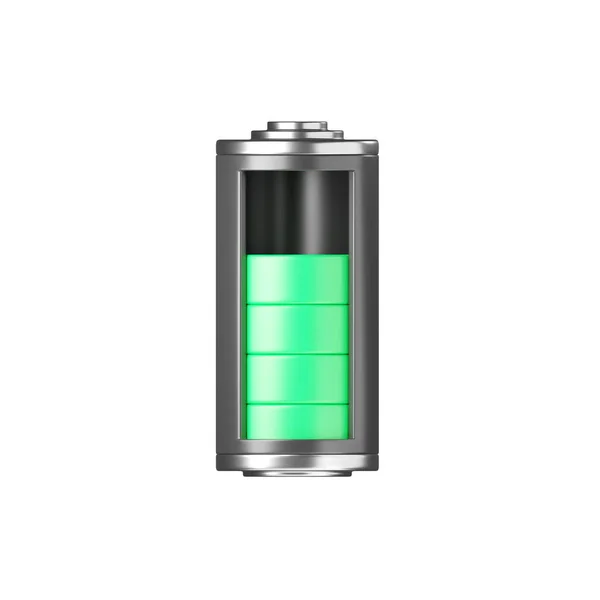 バッテリー3Dアイコン 完全なレベル容量 エネルギー ガラス貯蔵 パワーチャージインジケータ リチウム要素レンダリングイラスト ホワイトバックグラウンドで隔離されたモバイルアプリとコンピュータのための再充電サインコンセプト — ストック写真
