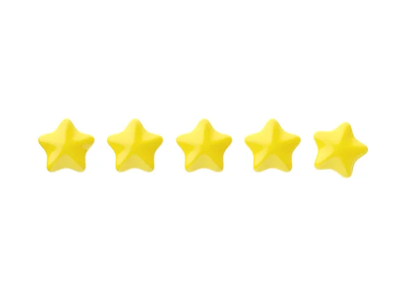 Review 3d render icon - five star customer positive rate, award experience service cartoon illustration. Reputation sign for client feedback, yellow ranking ui object isolated on white background