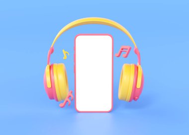 Telefon ve şarkı notalı cep telefonları 3D render illüstrasyon - kablosuz kulaklık, beyaz ekranlı akıllı telefon. Mavi arkaplanda ses uygulaması için şarkı gösterimi olan dj için kulaklık