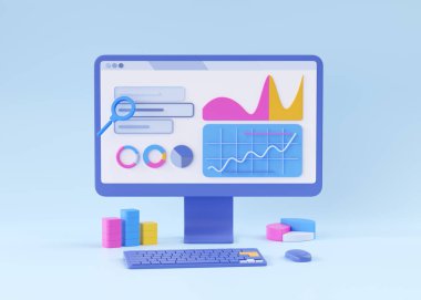 Seo 3d araştırma çizimi - meşguliyet aracı yaratıcı kavram. Sosyal medya web infografik tasarımı. Pazarlama analizleri ve yazılım arayüzü. Mavi arkaplanda web sitesi analiz servisi