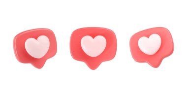 3D sosyal medya kalp ikonlarını sever - sohbet için kırmızı baloncuk mesajı ve cep telefonundaki ağ konuşması. Beyaz arkaplanda izole edilmiş Valentine balon konsepti, diyalog etiketi
