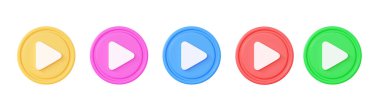 Oynatma düğmesi 3d render simge seti - video veya müzik çemberi ile ok, TV ve kamera için yuvarlak ses işareti. Sembolü başlat, çalma ögesine ve beyaz arkaplanda izole edilmiş çokluortam biçimine bas