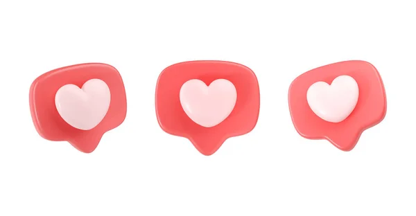 3D sosyal medya kalp ikonlarını sever - sohbet için kırmızı baloncuk mesajı ve cep telefonundaki ağ konuşması. Beyaz arkaplanda izole edilmiş Valentine balon konsepti, diyalog etiketi