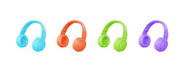Kulaklıklar 3D resim seti - müzik aleti, DJ kulaklık ve gerçekçi ses aygıtı. Kablosuz ses aksesuarı, mp3 çalar için taşınabilir akıllı kulaklık ve beyaz arkaplanda izole edilmiş stüdyo