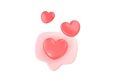 3D sosyal medya kalp kabarcığı yorumlayıcısını sever - cep telefonunda ig blog, chat ve ağ konuşması için kırmızı kalp mesajı. Beyaz arka planda izole edilmiş bir diyalog sembolü olan ig için Valentine uçuş işareti konsepti