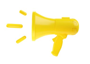 3D hoparlör, dikkat hoparlörü, mikrofon anonsu ve ses illüstrasyonlu uyarı reklamı. Beyaz arka planda izole edilmiş yüksek sesli megafon simgesi konsepti