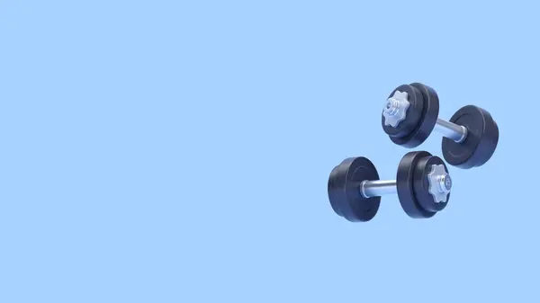 哑铃3D渲染图标 黑色健身设备 现实的健身房杠铃和飞行适配器的训练配件 健美图解概念 横幅铁训练清单 — 图库照片