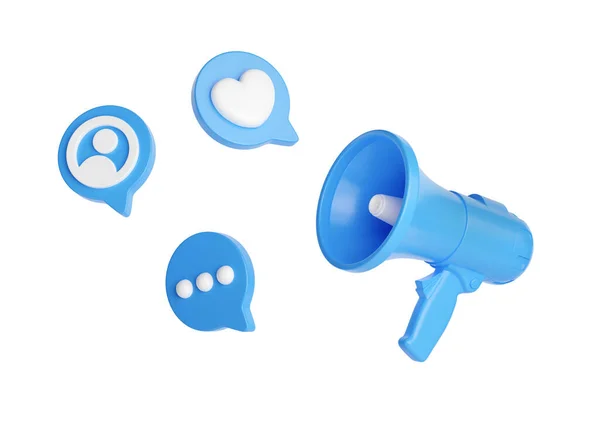 Blue Render Megafoon Illustratie Sociale Media Zoals Inhoud Elementen Bericht — Stockfoto