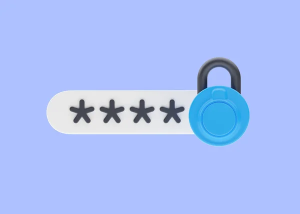 密码3D渲染图标代码字段 简单的隐私说明和蓝色安全登录标签 白色背景下隔离的隐私徽章 锁元素和安全象形文字概念 — 图库照片