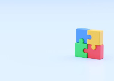 Bulmaca 3D render simgesi - takım çalışması bağlantı fikri, ortaklık illüstrasyonu ve yapboz parçaları. Bağlantı sembolü, takım imzası mavi arkaplanda izole edilmiş iş ürünü