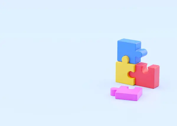 Puzzle 3D渲染图标 团队连接思想 合作伙伴关系图解和拼图块 蓝色背景下隔离的业务产品的连接符号 团队合作符号 — 图库照片