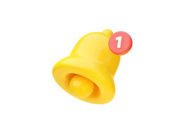 Çan simgesi 3D görüntüleme - posta ui sarı illüstrasyon, alarm ögesi, yeni dikkat web konsepti ve altın çevrimiçi itme işareti. Uygulama arayüzü için internet e- posta bildirimi beyaz arkaplanda izole edildi