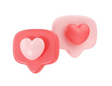 3D sosyal medya kalp ikonu oluşturma - sohbet için iki mesaj kırmızı baloncuk ve cep telefonundaki blog konuşması. Beyaz arka planda izole edilmiş diyalog sembolü için Valentine imzası konsepti
