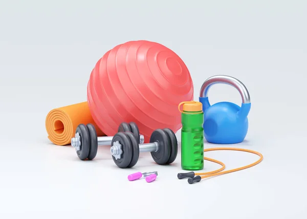 健康3D渲染说明 适合哑铃 现实的水瓶和适合球与水壶铃 在白人背景下运动的健身保健清单和培训配件 — 图库照片
