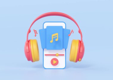 Telefon ve müzik uygulamalı kulaklıklar 3D render illüstrasyon - kablosuz kulaklık, akıllı telefon ve çalma listesi. Mavi arkaplanda ses uygulamasından notlar alan hipster için kulaklık