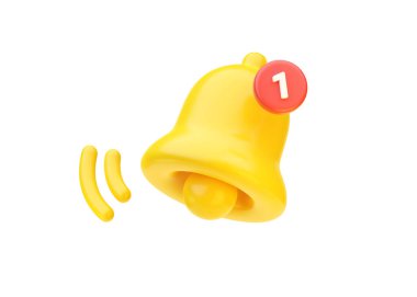 Çan simgesi 3D görüntüleme - posta ui sarı illüstrasyon, alarm ögesi, yeni dikkat web konsepti ve altın çevrimiçi itme işareti. Uygulama arayüzü için internet e- posta bildirimi beyaz arkaplanda izole edildi