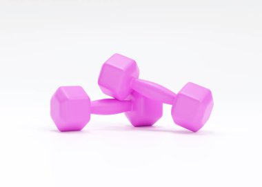 Dumbbell 3D render ikon-pembe fitness ekipmanı, gerçekçi spor halteri ve kadınlar için uygun aksesuarlar. Sağlık hizmetleri illüstrasyonu, demir eğitim envanteri beyaz arka planda izole edildi
