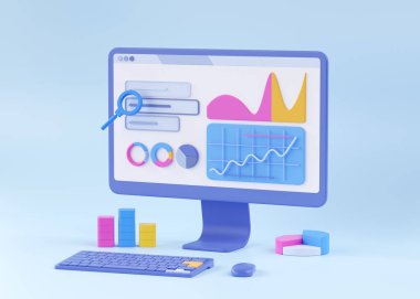 Seo 3d araştırma, illüstrasyon veri analizi yaratıcı konsepti sunar. Sosyal medya web infografik tasarımı. Pazarlama analizleri ve yazılım arayüzü. Mavi arkaplanda web sitesi analiz servisi
