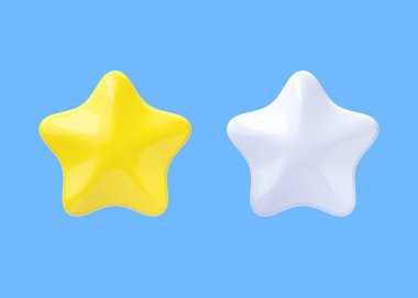 3d yorumlama simgesini gözden geçirin - müşteri pozitif oranı, sarı ve gri iyi ödül illüstrasyonu. Müşteri geribildirimi için seçim itibarı işaretleri, ui nesnesini mavi arkaplanda izole etmek