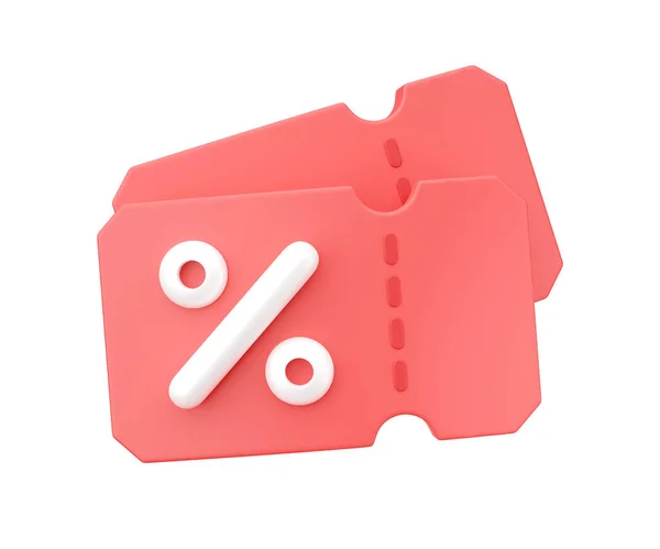 İndirim kuponu 3d render simgesi - satış promosyon etiketi, yüzde ile fiyat etiketi. Terfi unsuru, uçuş teklif rozeti ve alışveriş etkinliği için kırmızı illüstrasyon beyaz arka planda izole edildi