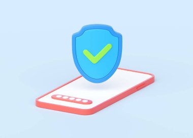 Mobil güvenlik 3D görüntüleme. Kalkanlı telefon, akıllı telefon savunma ikonu. Cep telefonu koruması modern bir kavram. Siber güvenlik simgesi, güvenli sembol ve güvenli anahtar mavi arkaplanda izole edildi