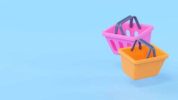 Supermarket 3d render basket illustration - food market cart, store cartoon box and hypermarket cute package. Consumer empty object, sale symbol concept for online shop on blue background
