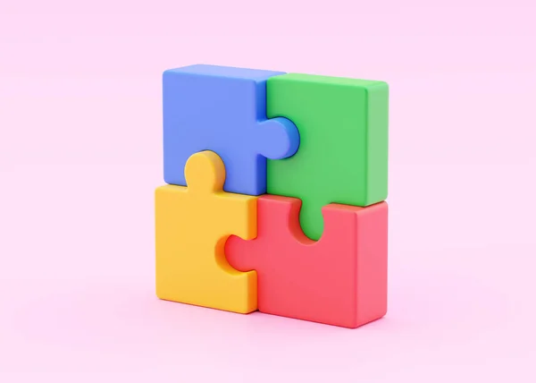 Puzzle 3D渲染图标 团队连接概念 合作伙伴关系图解和飞行拼图件 基于粉红背景的团结协作符号 团队合作符号和成功业务元素 — 图库照片