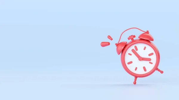 时钟3D渲染图标 简单的红色警报定时器概念 带有箭头的复古式闹钟和早晨觉醒的插图 带拨号盘的圆形手表 蓝色背景的最后期限提醒 — 图库照片