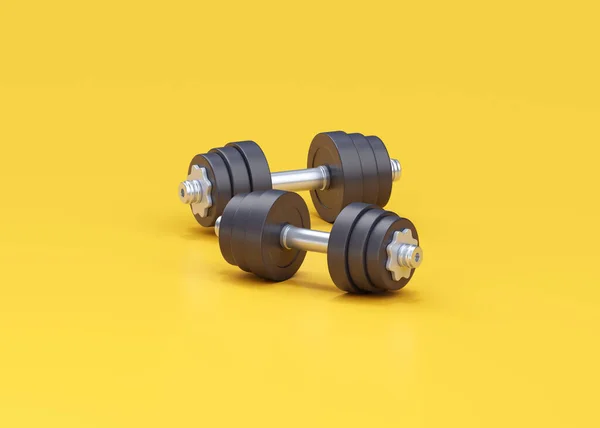 Dumbbell 3d render icon - black gym equipment, realistic fitness barbell for fit execise accessories. Bodybuilding illustration, iron training inventory isolated on white background