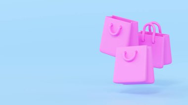 Kağıt torba 3D resimleme - hediye paketi, ticari öğe ve karikatür dükkânı ürünü. Moda simgesi tasarımı kavramı, mavi arkaplanda izole edilmiş depo afişi satış şablonunu ele alın