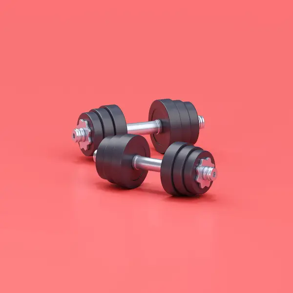 哑铃3D渲染图标 黑色健身房设备 现实的健身杠铃适合精确配件 在红色背景下隔离的铁质训练清单 — 图库照片