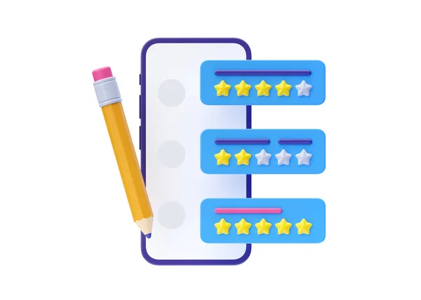 Rate star 3d render illustration - costumer quality feedback, mobile rate and client feedback with phone Vote service icon and ranking award concept isolated on blue background