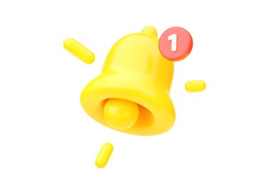 Çan simgesi 3D görüntüleme - posta ui sarı illüstrasyon, alarm ögesi, yeni dikkat web konsepti ve altın çevrimiçi itme işareti. Uygulama arayüzü için internet e- posta bildirimi beyaz arkaplanda izole edildi