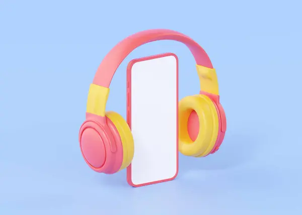 携帯電話および音楽が付いている携帯用ヘッドフォンは3Dレンダリングのイラスト ワイヤレスイヤホン 白い表示が付いているスマートフォンをノートします ブルーバックグラウンドのサウンドアプリのための曲表記のヒップスターのためのヘッドセット — ストック写真