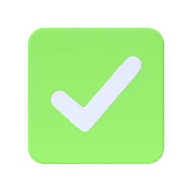 3d render simgesi - kontrol listesi sembolü, OK düğmesi ve başarı yeşil illüstrasyonunu işaretleyin. İşaretleme kutusunu kabul et, uygulamanın işaretini seç ve beyaz arkaplanda izole edilmiş web biçimini düzelt