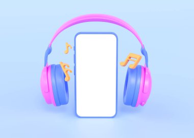Portatif kulaklıklar, telefon ve müzik notaları 3D render illüstrasyon kablosuz kulaklık, beyaz ekran akıllı telefon. Hipster için kulaklık ve mavi arkaplanda ses uygulaması için şarkı gösterimi