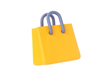 Kağıt paket 3D resim simgesi - hediye ürünü, ticaret çantası ve çizgi film alışveriş çantası. Uçan moda mağazası element tasarımı kavramı, beyaz arka planda izole edilmiş web pazarı satış şablonunu ele alın