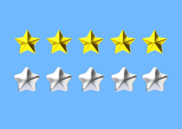 Review 3d render icon - five star customer positive rate, award experience service illustration. Top reputation 5 signs for client feedback, vote ranking ui object isolated on blue background