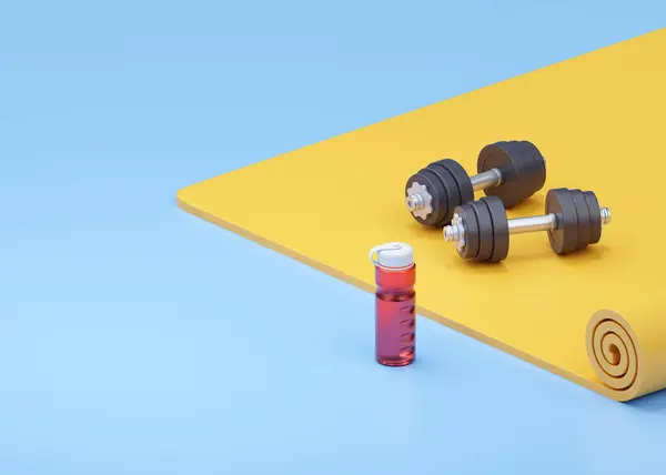 フィットネス3Dレンダリングイラスト イエローヨガマットのシンプルなダンベル 現実的な水の赤いボトル ジムヘルスケア在庫 ブルーバックグラウンドでのフィットエクササイズのための鉄のトレーニングアクセサリー — ストック写真