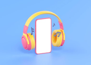 Telefon ve şarkı notalı cep telefonları 3D render illüstrasyon - kablosuz kulaklık, beyaz ekranlı akıllı telefon. Mavi arkaplanda ses uygulaması için şarkı gösterimi olan dj için kulaklık