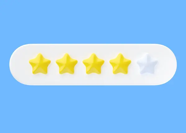 Review 3d render icon - four gold star customer satisfaction quality review, rate experience service illustration. 4 positive feedback, good reputation yellow cartoon sign isolated on blue background