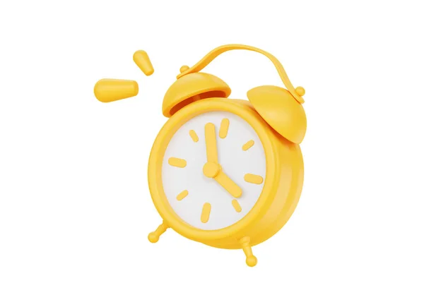 时钟3D渲染图标 简单的报警定时器概念 黄色复古风格的飞行闹钟和早晨觉醒的说明 带拨号盘的圆形手表 白色背景的最后期限提醒 — 图库照片