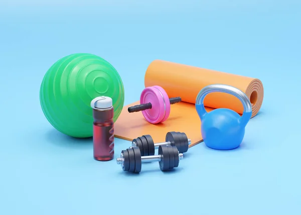 健康3D渲染说明 简单的哑铃 现实的水瓶和适合球与水壶铃 在蓝色背景下锻炼的健身房保健清单和培训配件 — 图库照片
