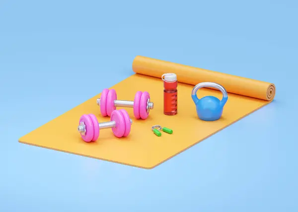 健康3D渲染说明 简单的粉红色哑铃 现实的水红色瓶子和蓝色水壶铃 健身房保健配件 蓝色背景适合运动的铁质训练清单 — 图库照片
